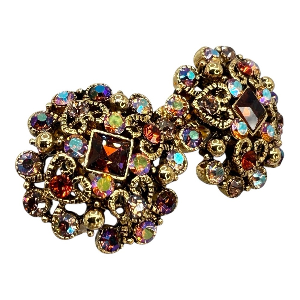 Vintage Joan Rivers Gold Tone Multicolor Crystal Clip-On Earrings
